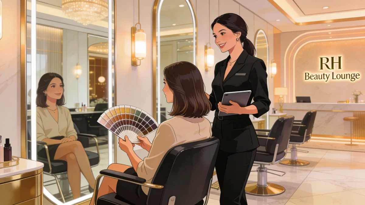 Professional hair color consultation with colorist analyzing client's hair and discussing options at RH Beauty Lounge Las Vegas
