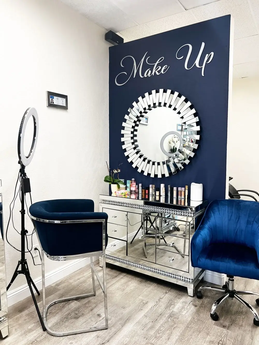 Interior view of RH Beauty Lounge salon in Las Vegas showing the makeup and styling area during business hours