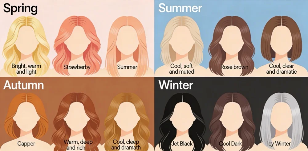 Seasonal color theory guide showing best hair colors for spring summer autumn and winter types