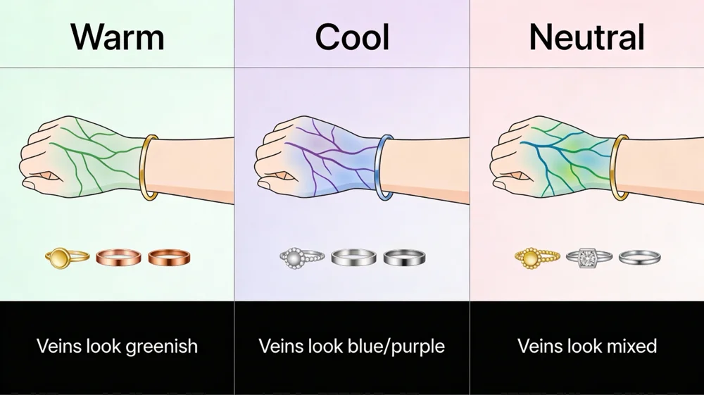 Visual guide showing vein colors and jewelry comparisons to determine warm cool or neutral undertones