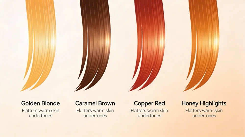 Warm hair colors including golden blonde caramel brown and copper red for warm undertones