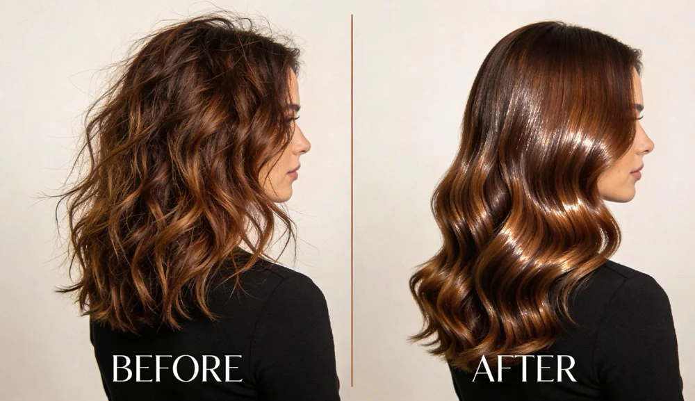 Before and after comparison of Brazilian blowout on wavy hair showing frizz reduction and maintained volume