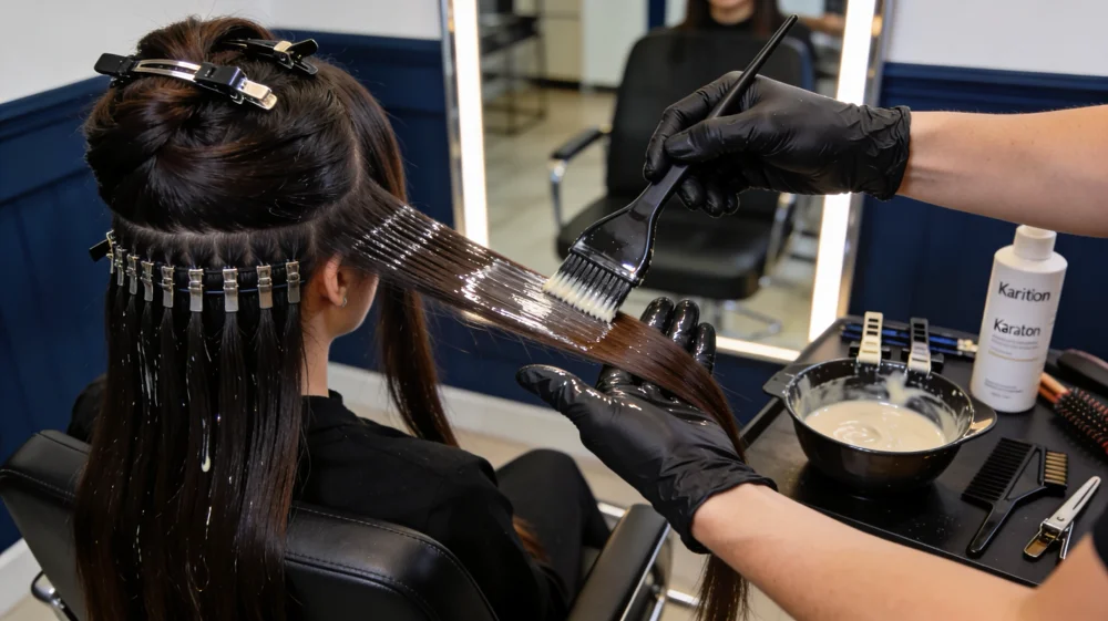 Professional stylist applying keratin treatment to client hair at RH Beauty Lounge Las Vegas