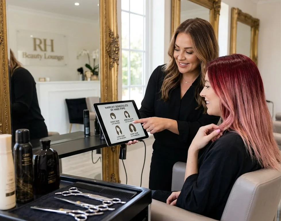 Licensed hair stylist at RH Beauty Lounge in Las Vegas explaining the recommended haircut schedule to a client