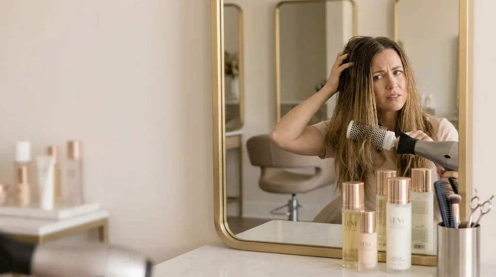 Woman struggling to style overgrown hair — a common sign she needs a haircut at RH Beauty Lounge in Las Vegas