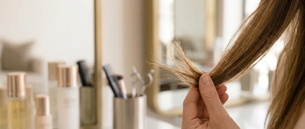 Close-up of split ends on hair before a professional trim at RH Beauty Lounge hair salon in Las Vegas