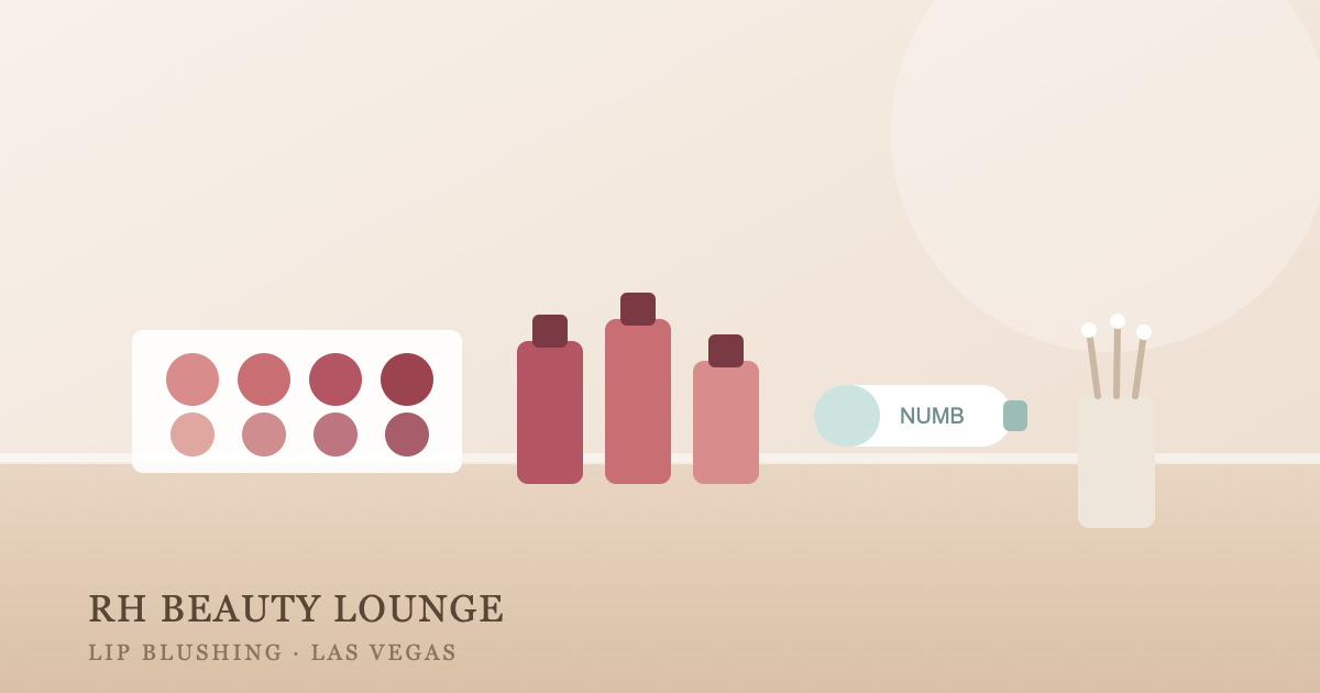 Lip blushing pigment swatches and numbing supplies arranged on a PMU workstation in Las Vegas